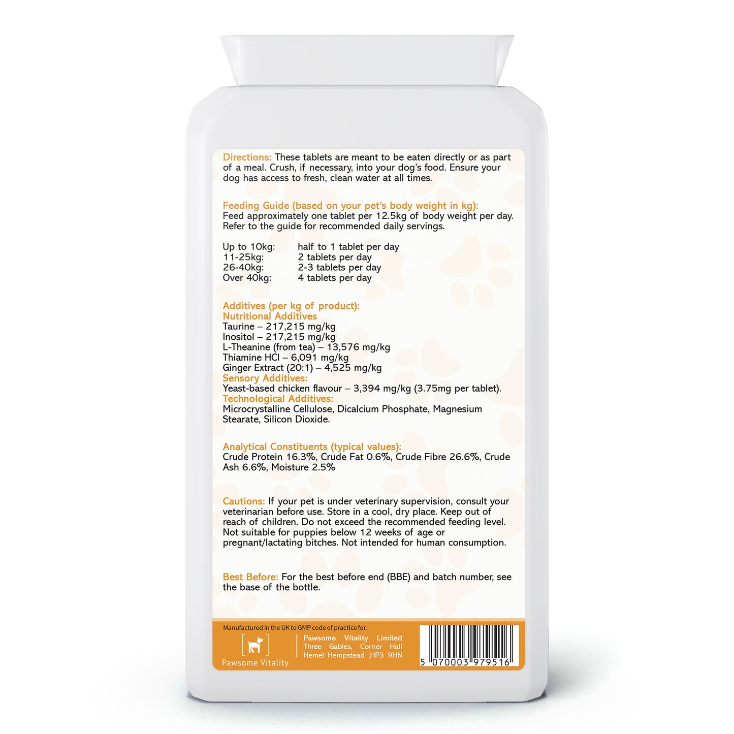 Pawsome Vitality Calm Support for Dogs – Chicken Flavour 120 Tablets – Chicken Flavour 120 Tablets