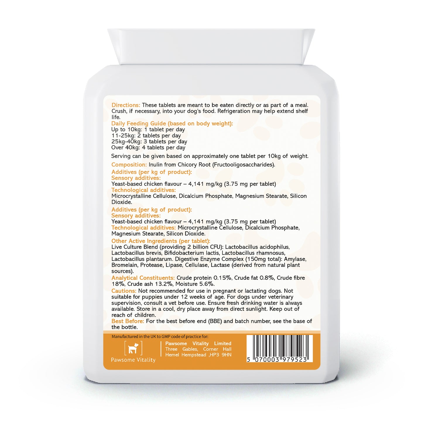 Pawsome Vitality Pet Probiotics 2 Billion CFU – Chicken Flavour 120 Tablets